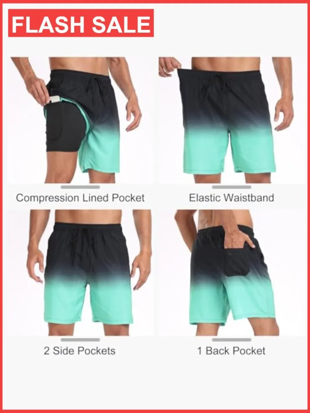 Mens Swim Trunks with Compression Liner 2 in 1 Quick Dry Shorts with Pockets